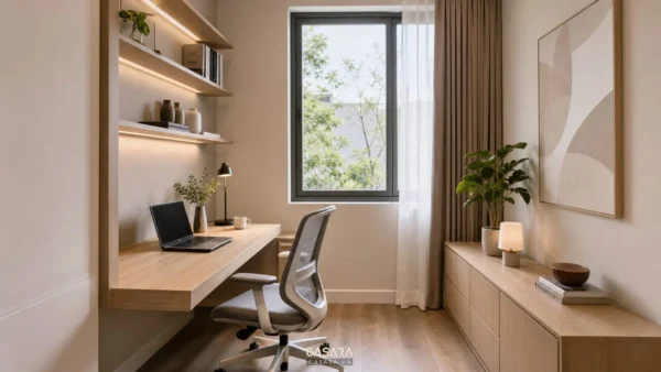 Thiết kế văn phòng làm việc diện tích nhỏ với bàn áp tường và tủ thấp