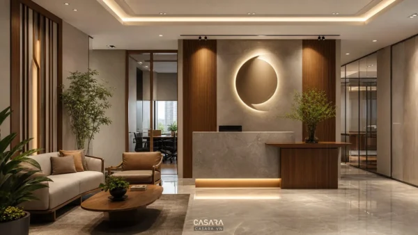 Thiết kế văn phòng làm việc hiện đại tại Hồ Chí Minh với khu lễ tân và nhận diện thương hiệu