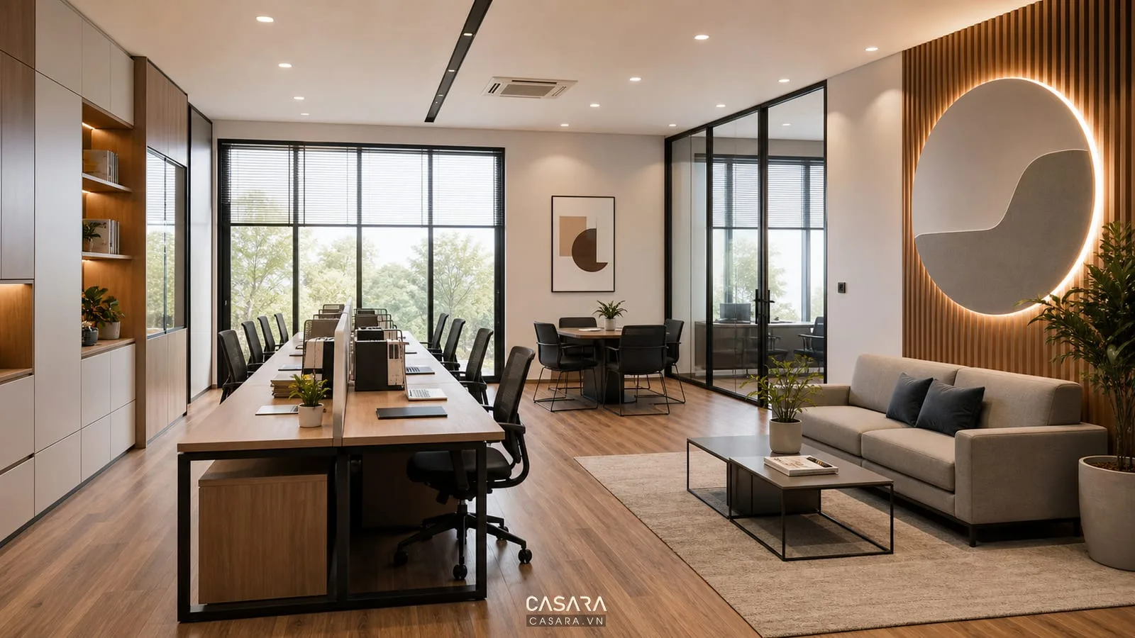 Thiết kế văn phòng làm việc 50m2 có cụm bàn dài, bàn họp nhỏ, tủ sát tường, khu tiếp khách và vách logo.
