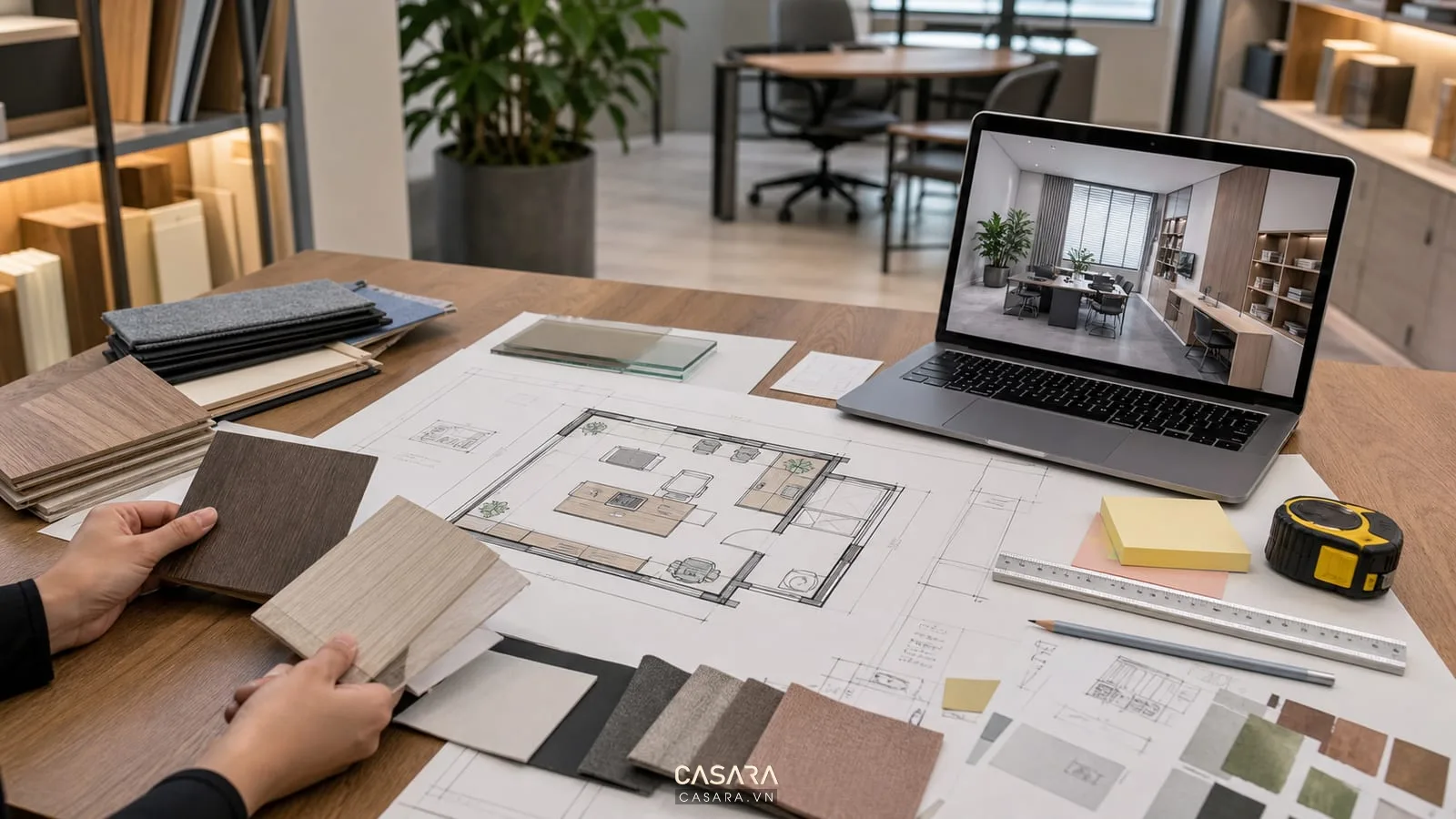 Bàn tư vấn thiết kế văn phòng làm việc có bản vẽ mặt bằng nhỏ, mẫu vật liệu, laptop phối cảnh, thước đo và ghi chú.