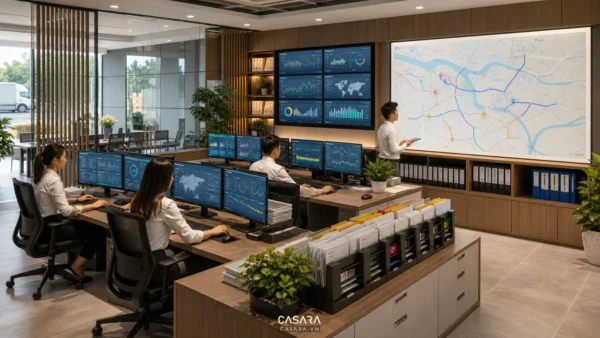 Thiết kế văn phòng logistics với khu điều phối vận đơn và màn hình theo dõi vận hành