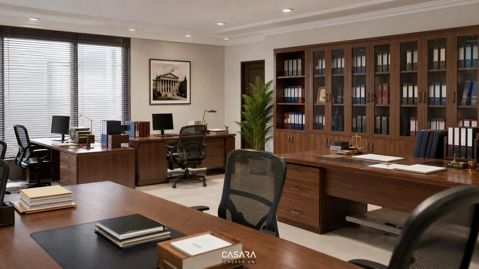 khu làm việc luật sư với bàn gỗ ghế công thái học và tủ hồ sơ gọn gàng