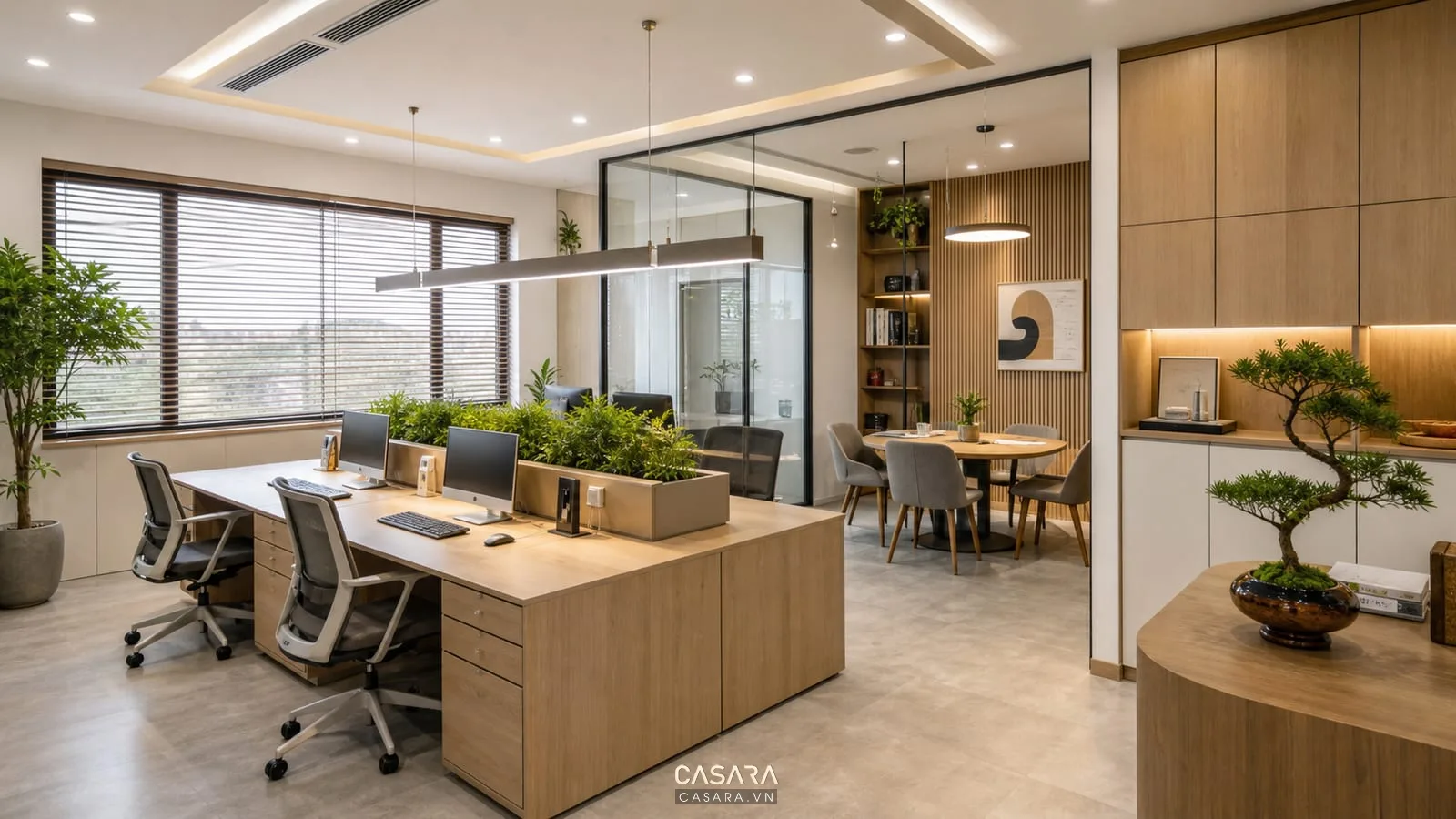 Thiết kế văn phòng 40m2 có khu làm việc nhóm và bàn họp nhỏ