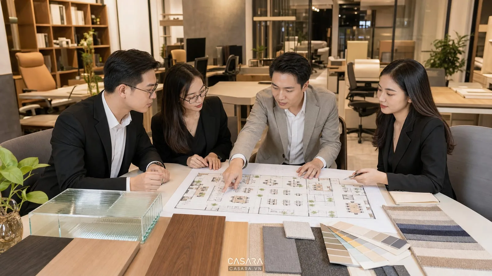 tư vấn layout thiết kế văn phòng mở với bản vẽ và mẫu vật liệu