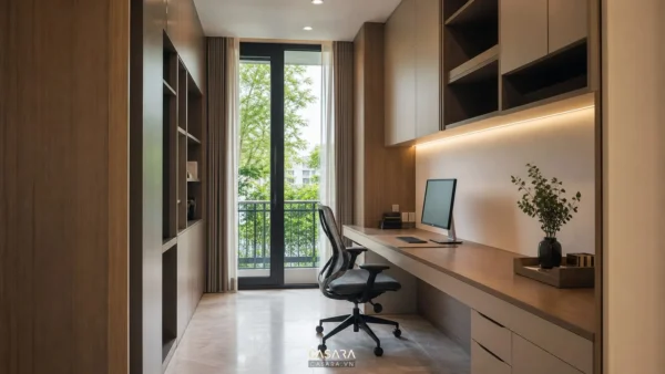 Thiết kế văn phòng nhà ống hiện đại với bàn làm việc sát tường, tủ lưu trữ và cửa kính lấy sáng