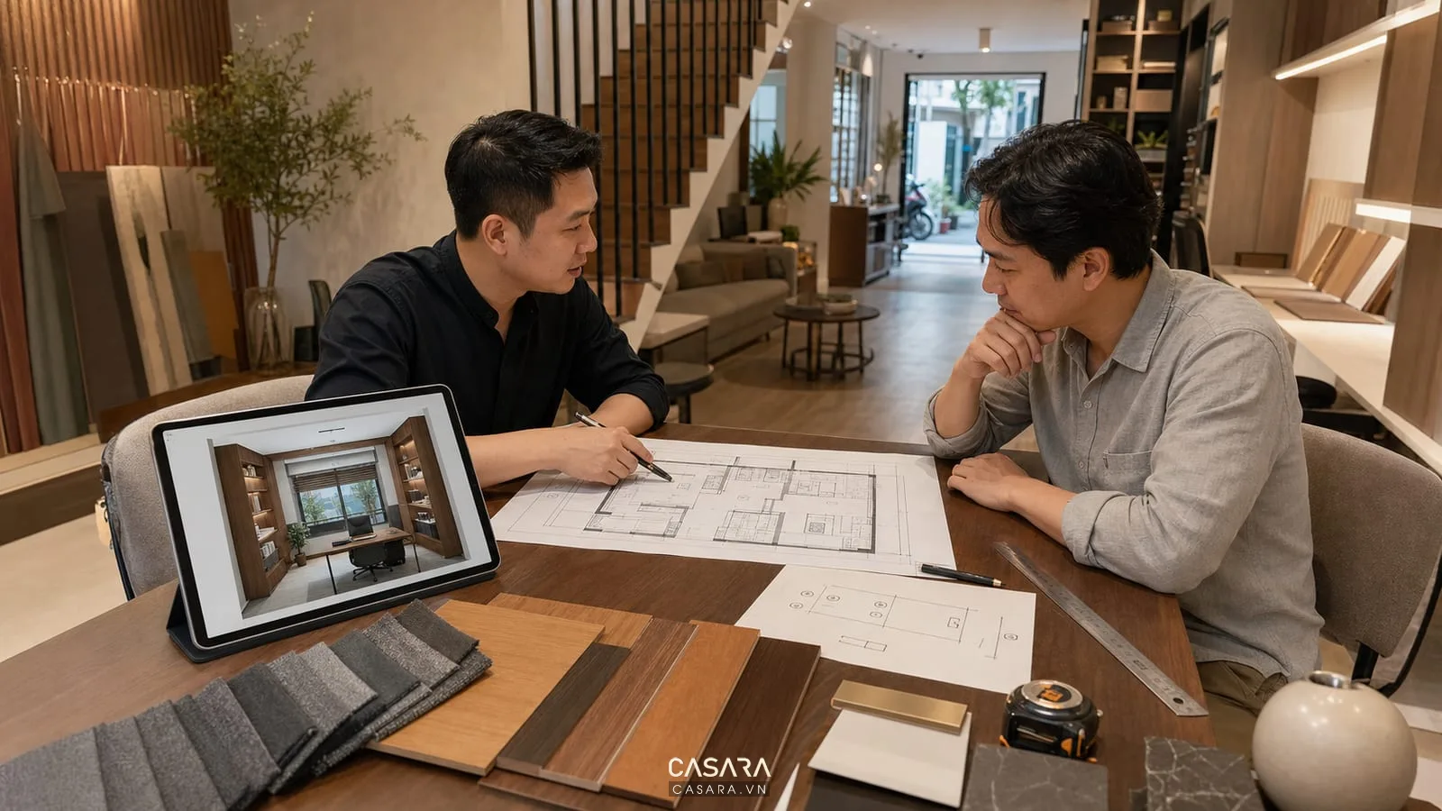 Tư vấn thiết kế văn phòng nhà ống với bản vẽ mặt bằng, phối cảnh 3D, mẫu vật liệu và vị trí ổ cắm