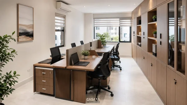 Văn phòng nhỏ có cụm bàn làm việc, ghế xoay và hệ tủ lưu trữ sát tường