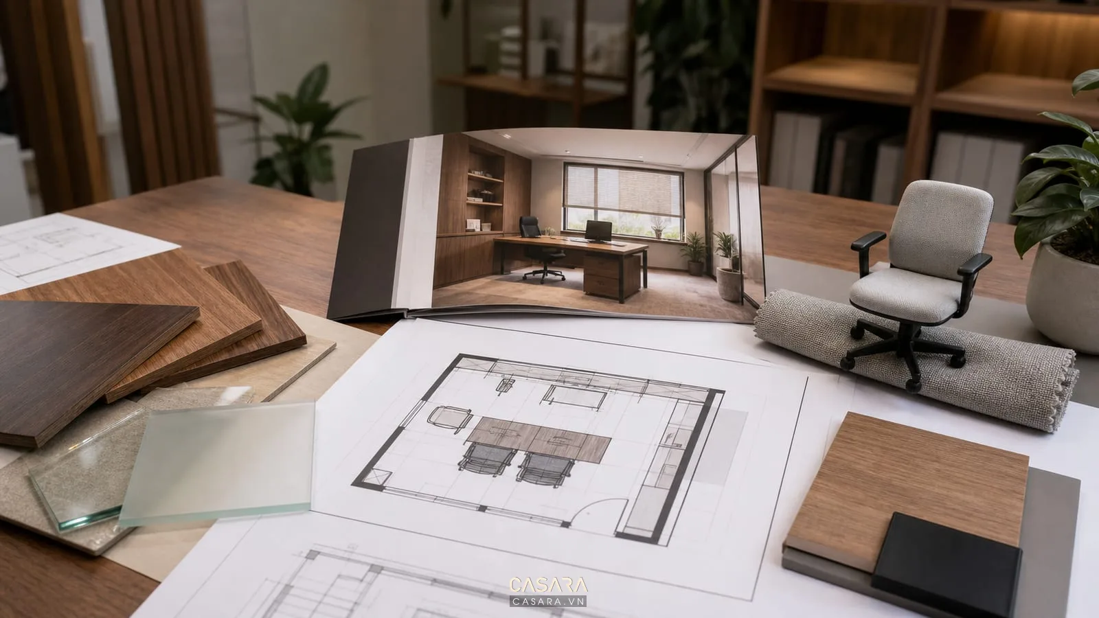 hồ sơ vẽ thiết kế văn phòng nhỏ với bản vẽ mặt bằng và mẫu vật liệu