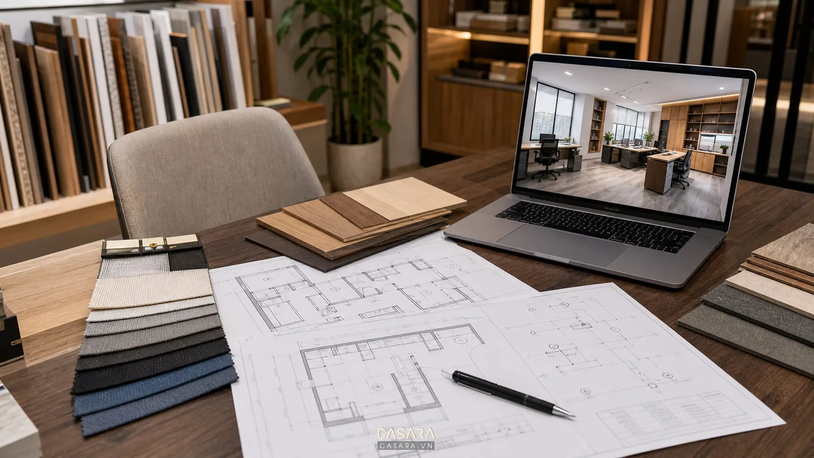 Bản vẽ thiết kế văn phòng nhỏ cùng mẫu vật liệu nội thất