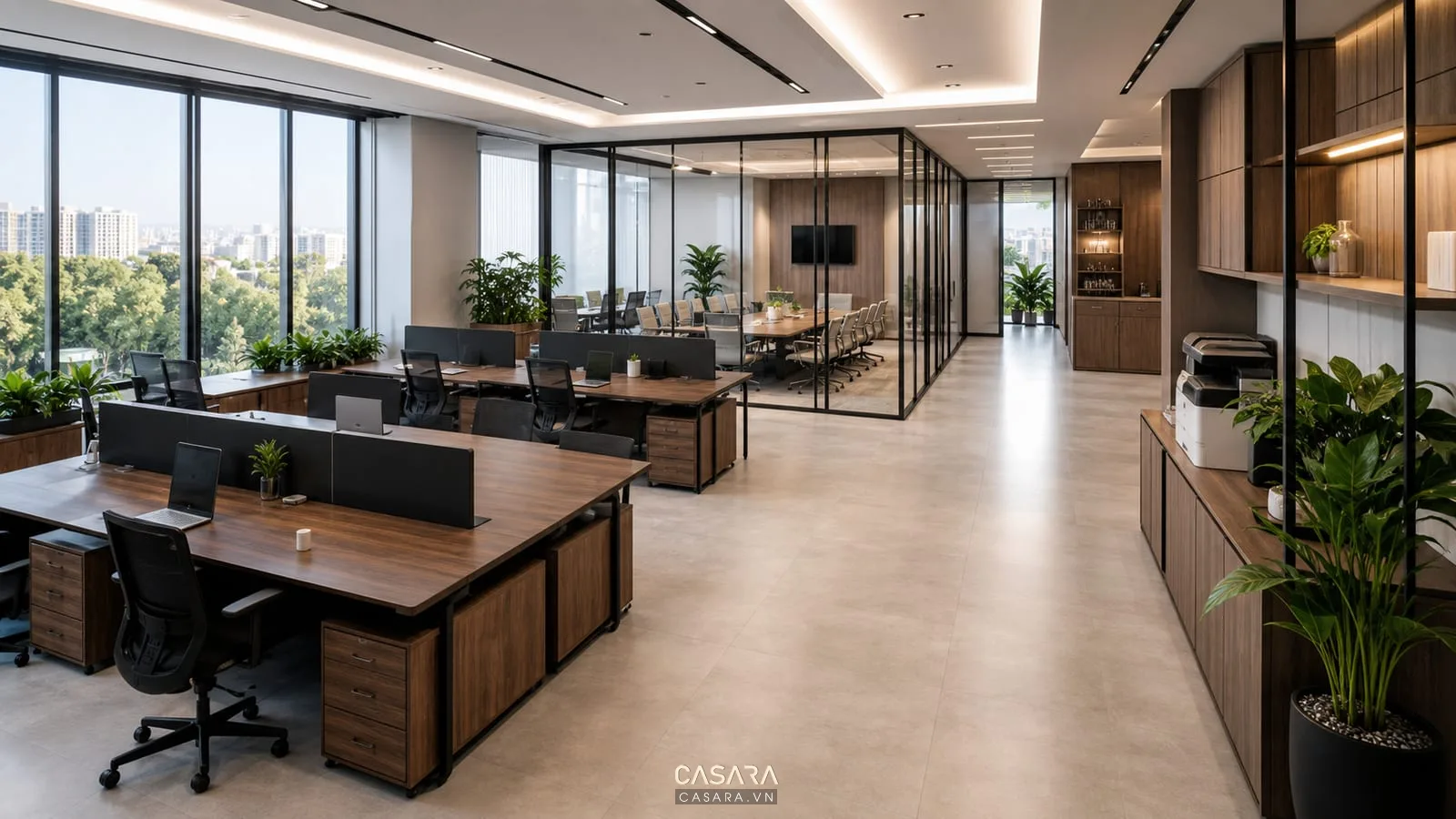 thiết kế văn phòng office với cụm bàn nhân viên phòng họp nhỏ tủ hồ sơ và lối đi rộng