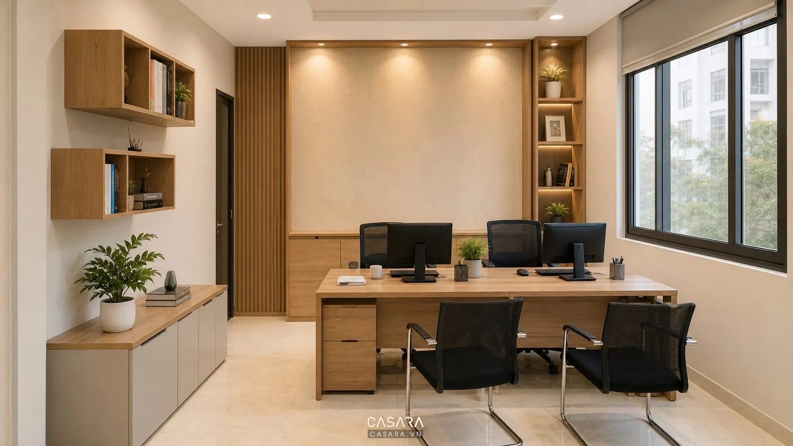 thiết kế văn phòng 15m2 nhỏ gọn với bàn làm việc tủ thấp vách logo và ánh sáng cửa sổ