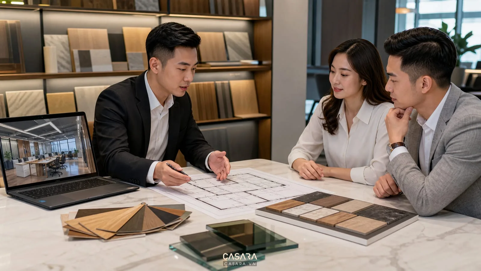 tư vấn thiết kế văn phòng office với bản vẽ mặt bằng laptop phối cảnh 3d và mẫu vật liệu