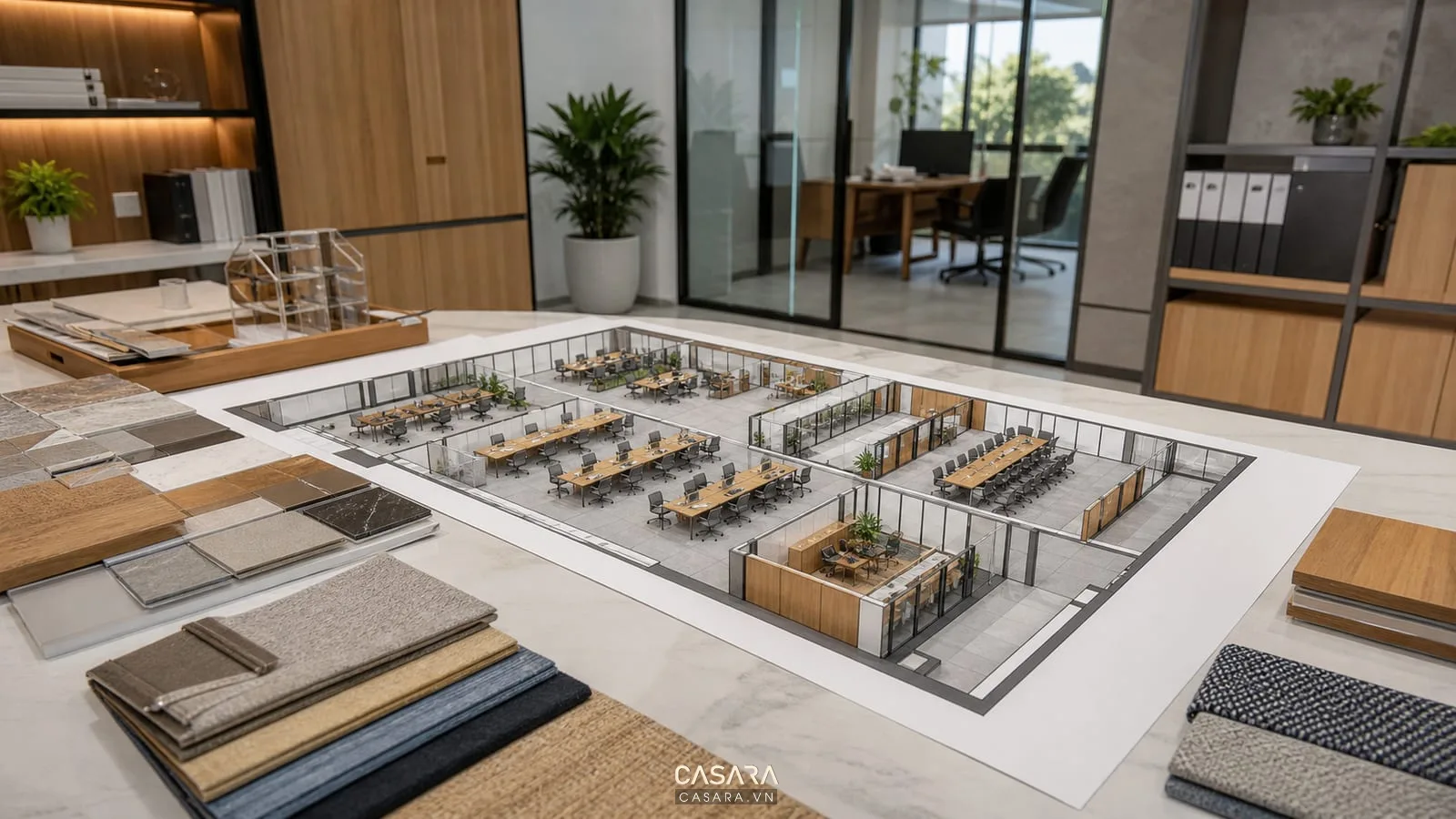 Layout thiết kế văn phòng với bàn làm việc, phòng họp và lối đi rõ ràng