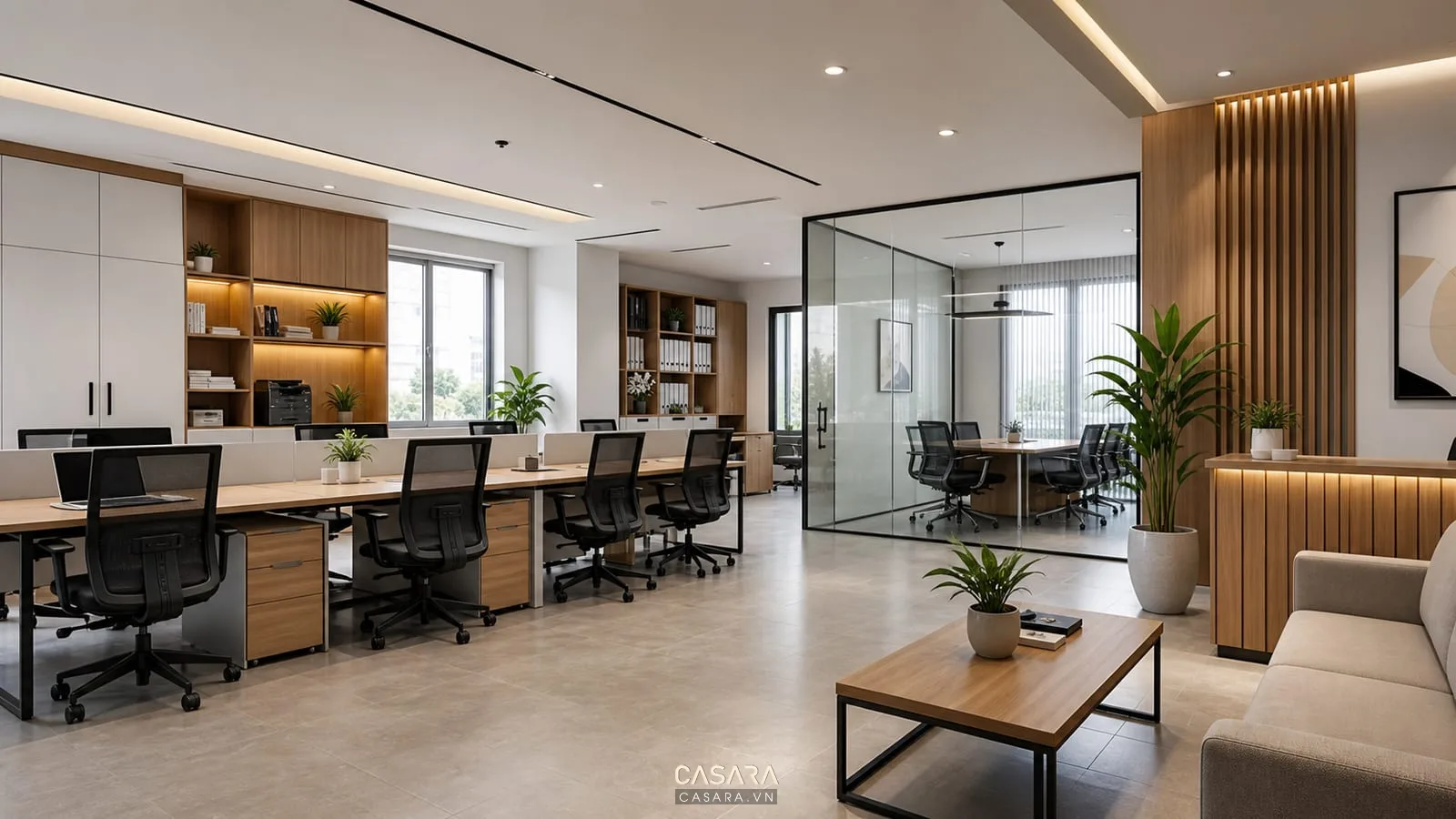 Thiết kế văn phòng 100m2 với khu làm việc mở, phòng họp nhỏ và tủ hồ sơ