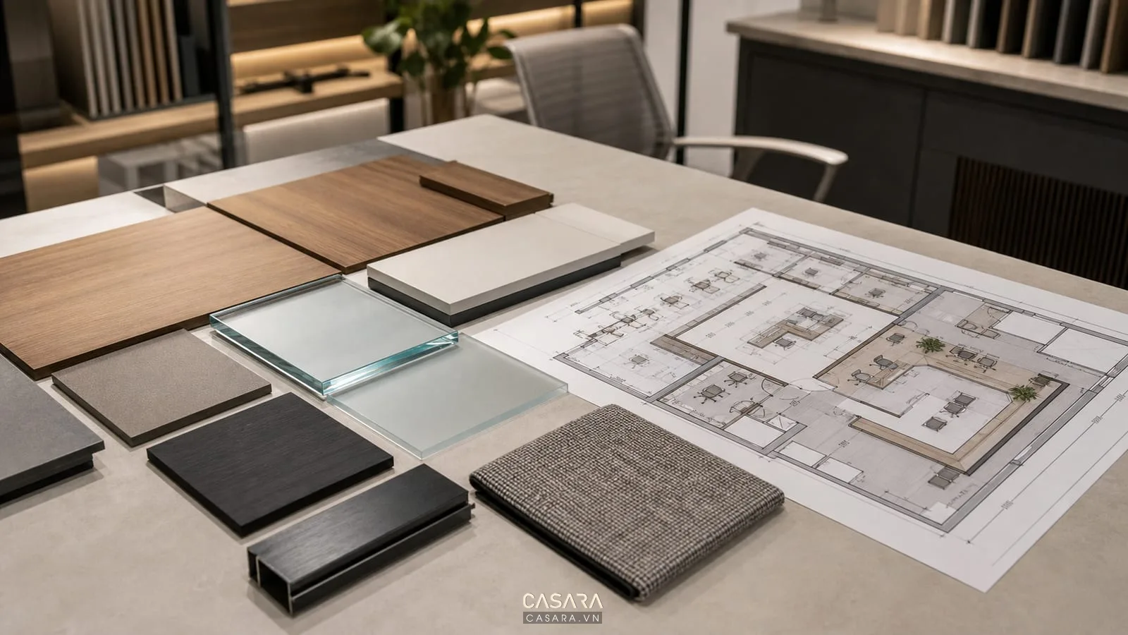 Mẫu vật liệu thiết kế văn phòng hiện đại với gỗ kính laminate và bảng màu trung tính