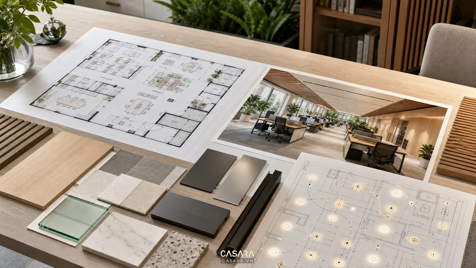 Bản vẽ mặt bằng thiết kế văn phòng phong cách hiện đại cùng phối cảnh và mẫu vật liệu