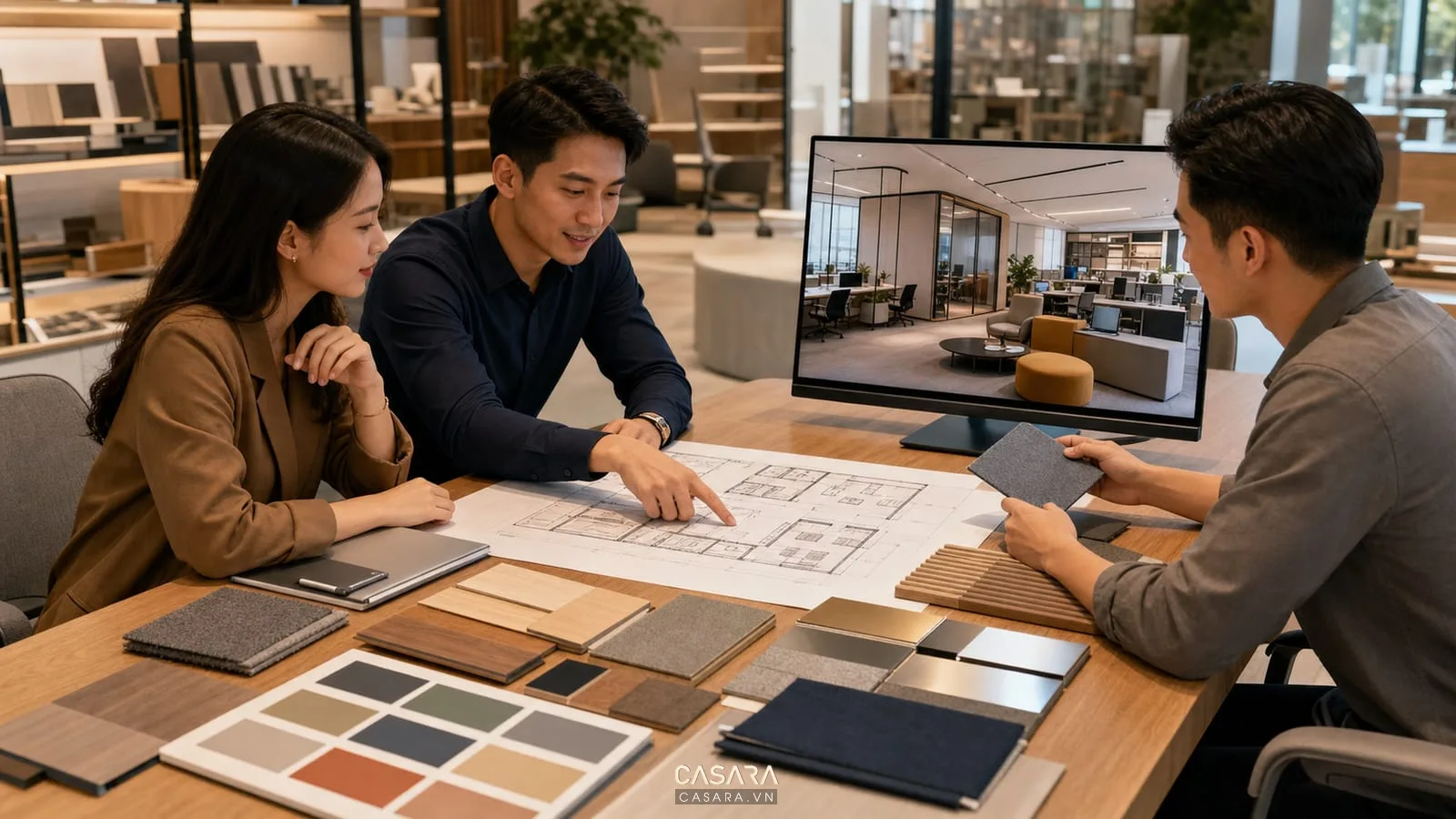 Tư vấn thiết kế văn phòng startup với bản vẽ mặt bằng và mẫu vật liệu