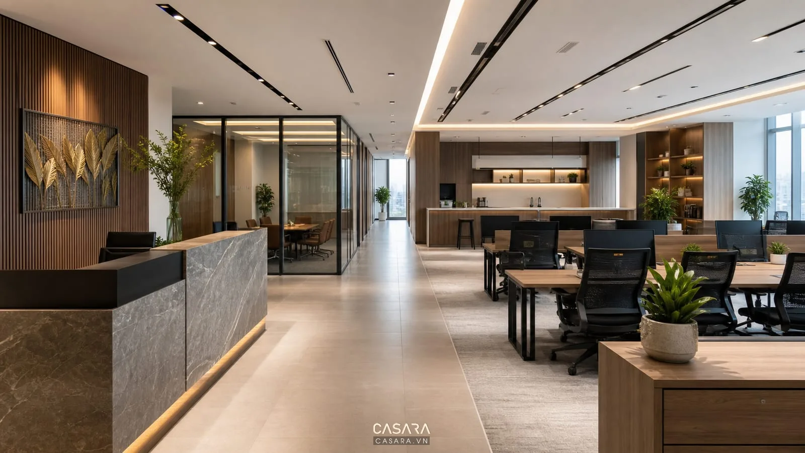 thiết kế nội thất văn phòng 300m2 với lễ tân phòng họp khu làm việc và tủ hồ sơ