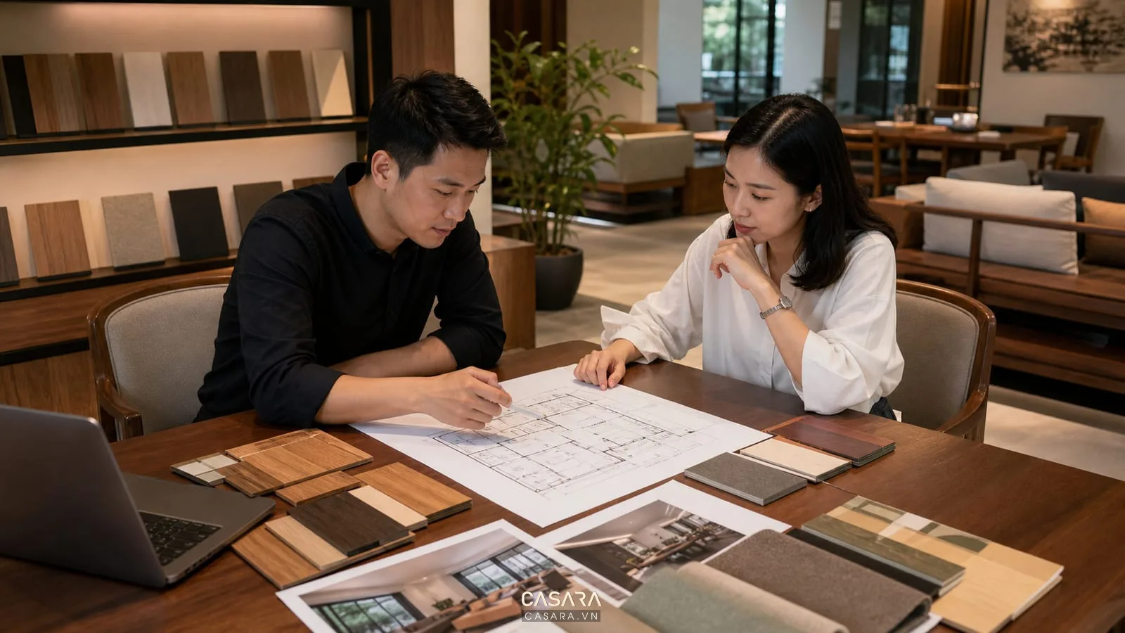 tư vấn thiết kế văn phòng tại Hà Nội với bản vẽ mặt bằng và mẫu vật liệu nội thất