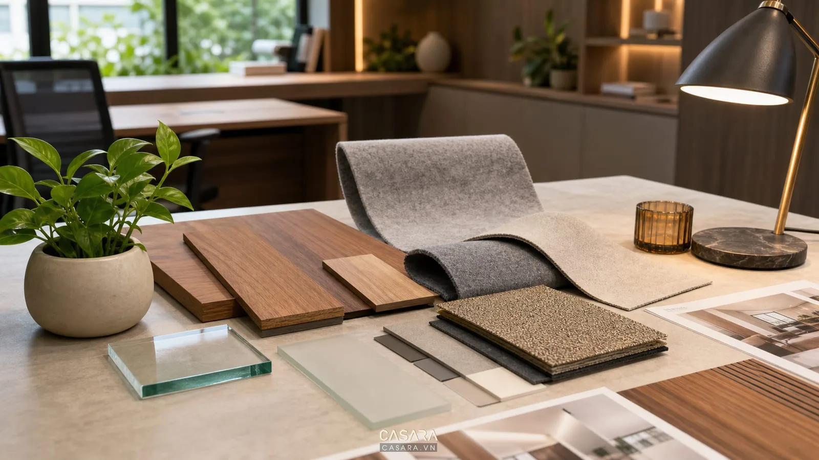 Bảng vật liệu nội thất văn phòng gồm gỗ, kính, nỉ tiêu âm, cây xanh và đèn