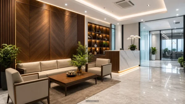 thiết kế văn phòng tiếp khách với sofa bàn trà và vách logo