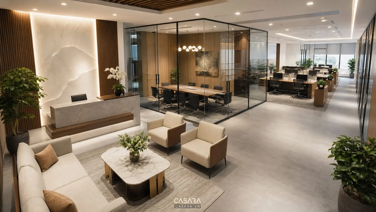 thiết kế văn phòng 120m2 có khu tiếp khách và phòng họp kính