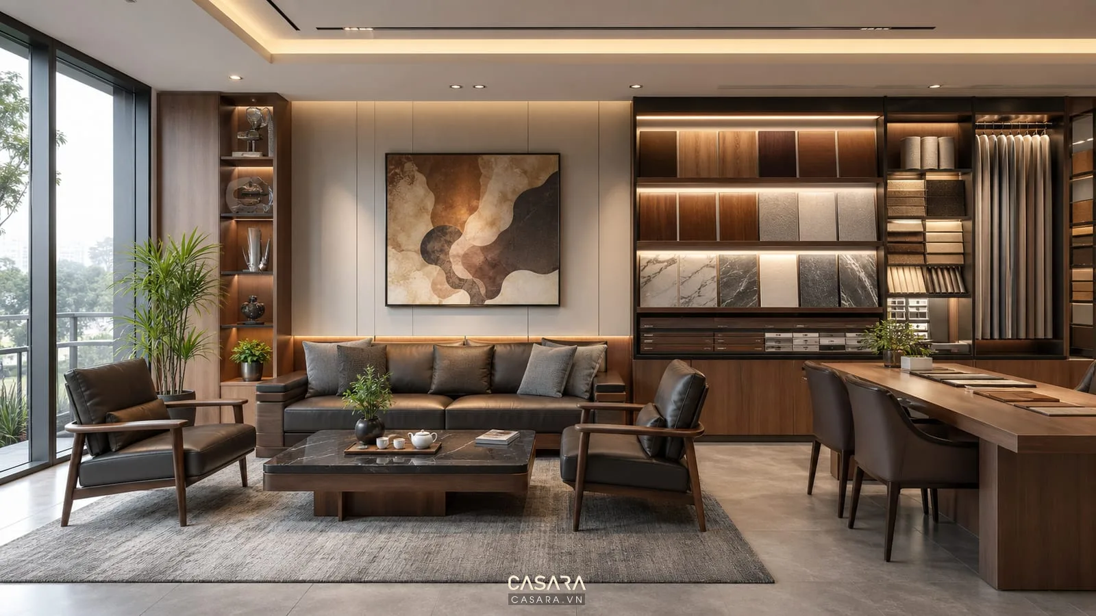 thiết kế văn phòng 3d cho khu tiếp khách với sofa và tủ trưng bày
