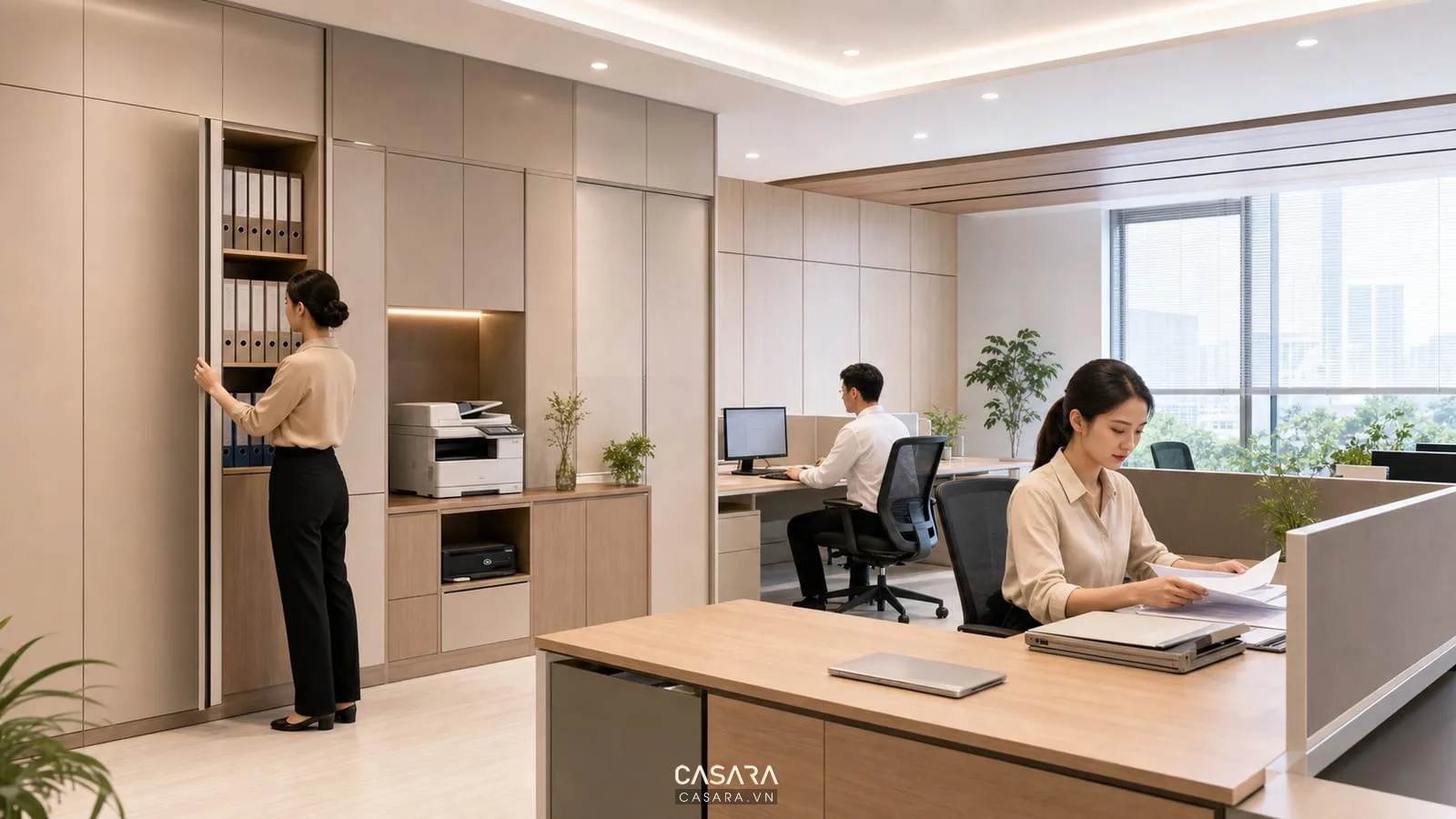 Thiết kế văn phòng tối giản với tủ lưu trữ âm tường kệ hồ sơ kín khu máy in gọn bàn làm việc sạch sàn sáng màu và nhân viên sắp xếp tài liệu