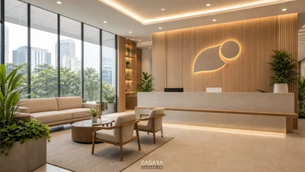 Thiết kế văn phòng tphcm với quầy lễ tân logo công ty và vách gỗ hiện đại