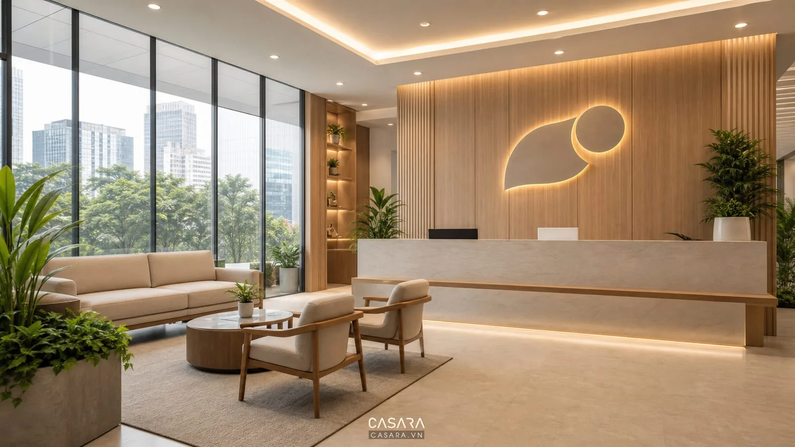 Thiết kế văn phòng tphcm với quầy lễ tân logo công ty và vách gỗ hiện đại