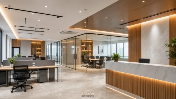 thiết kế văn phòng trọn gói hiện đại có sảnh lễ tân phòng họp kính và khu làm việc mở