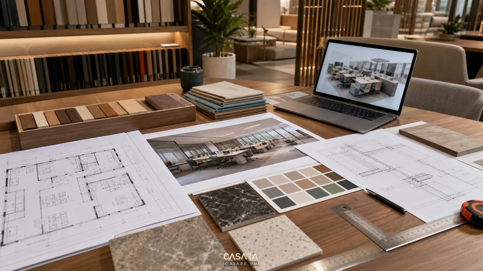 bản thiết kế văn phòng với mặt bằng phối cảnh 3D và mẫu vật liệu nội thất