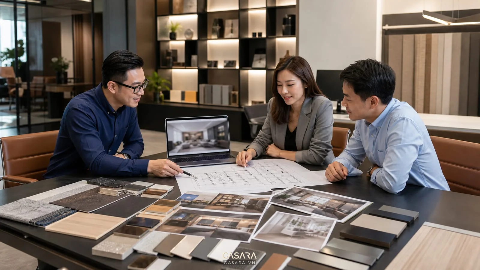 đội ngũ thiết kế văn phòng trọn gói họp với khách hàng bên bản vẽ và mẫu vật liệu