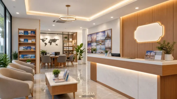 Quầy lễ tân văn phòng tư vấn du học hiện đại với ghế chờ và logo thương hiệu
