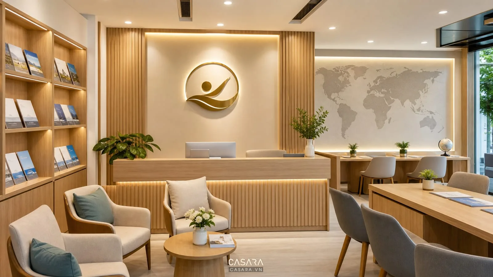 Tường nhận diện thương hiệu trong văn phòng tư vấn du học có logo và bản đồ thế giới
