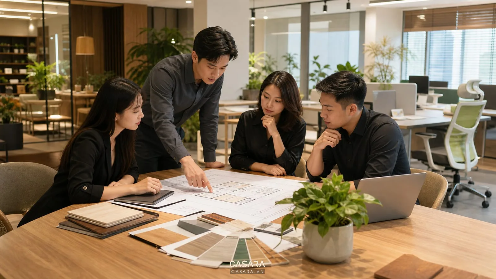 tư vấn thiết kế văn phòng xanh với bản vẽ mặt bằng và mẫu vật liệu
