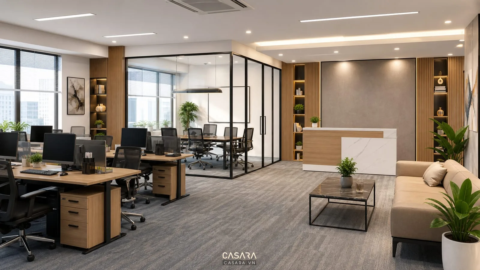 Thiết kế văn phòng diện tích 100m2 với phòng họp kính và khu làm việc mở