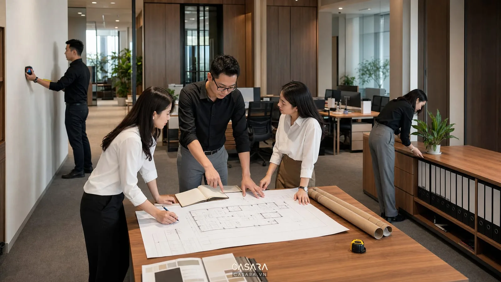 Khảo sát tiêu chuẩn thiết kế diện tích văn phòng với bản vẽ và thước đo mặt bằng