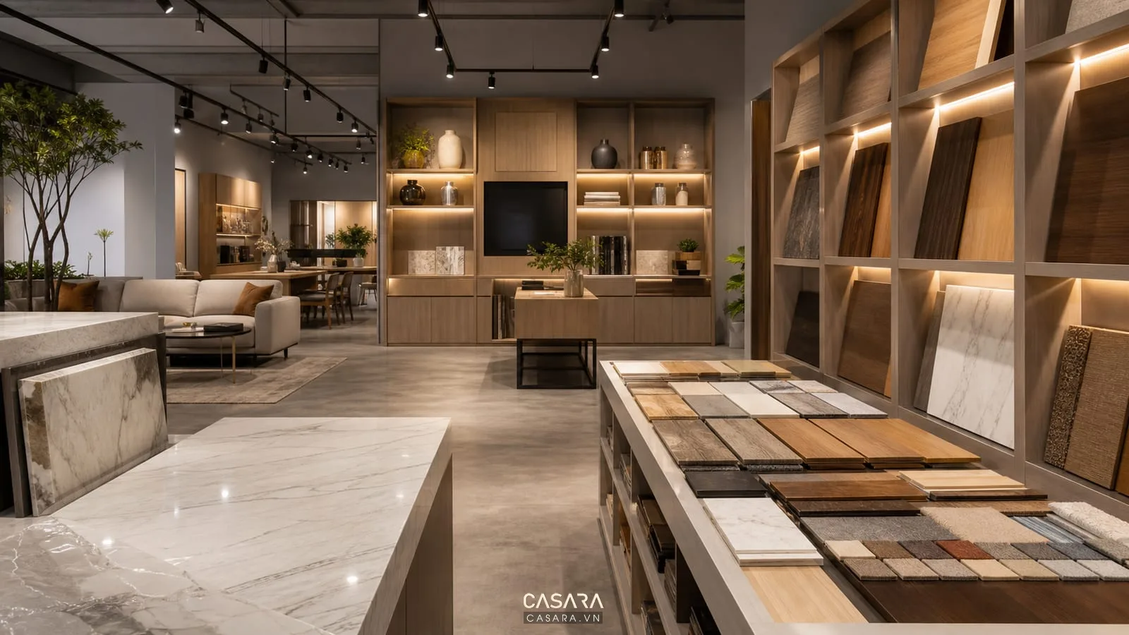 Thiết kế showroom có kệ gỗ, mặt đá sáng, đèn ray chiếu sản phẩm, bảng mẫu vật liệu và sản phẩm nổi bật trên nền trung tính.
