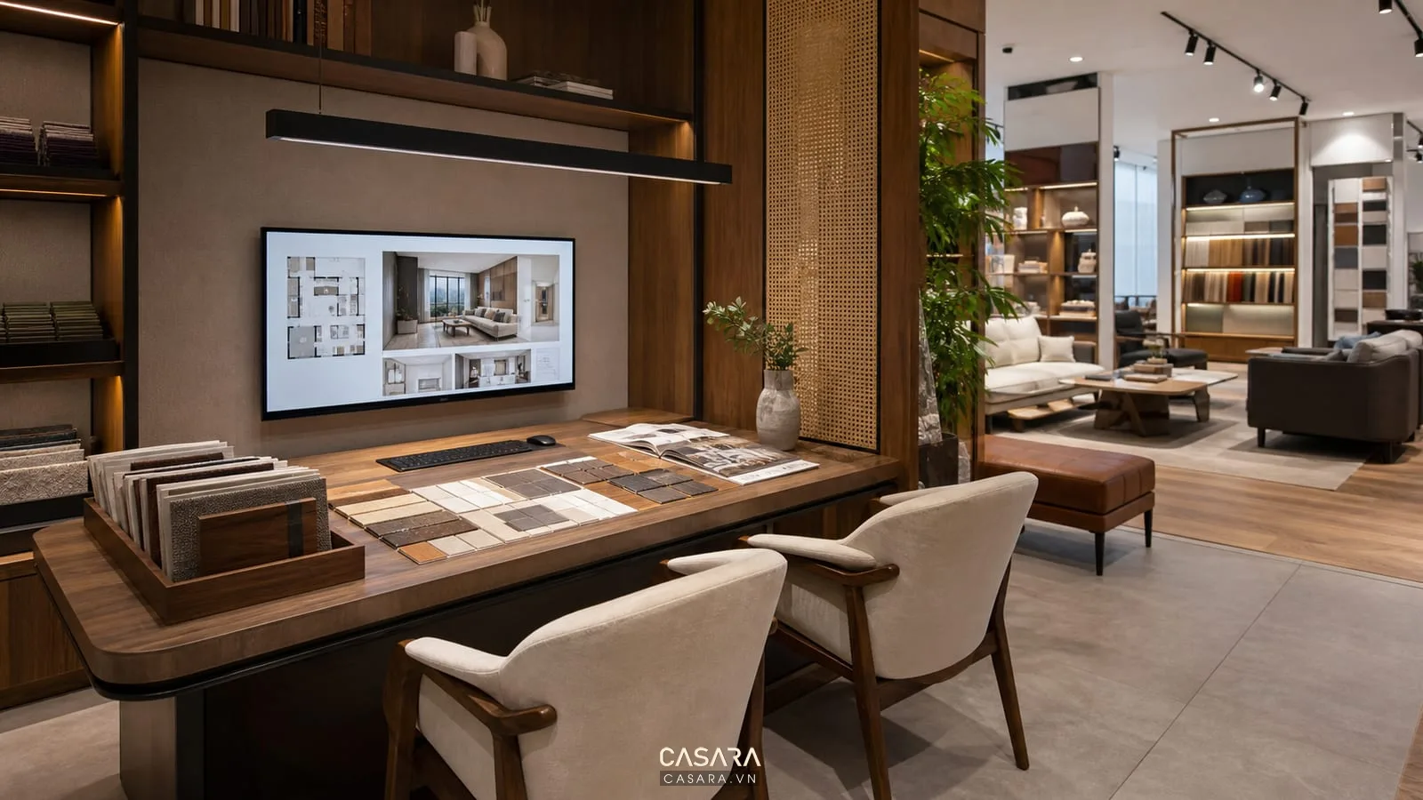 Khu tư vấn showroom có bàn làm việc gọn, ghế khách thoải mái, mẫu vật liệu, catalogue, màn hình trình bày và khu trưng bày sản phẩm phía sau.