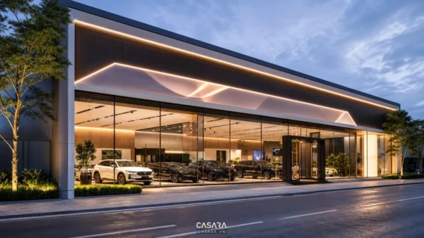 Mặt tiền showroom ô tô hiện đại có kính lớn và xe trưng bày bên trong