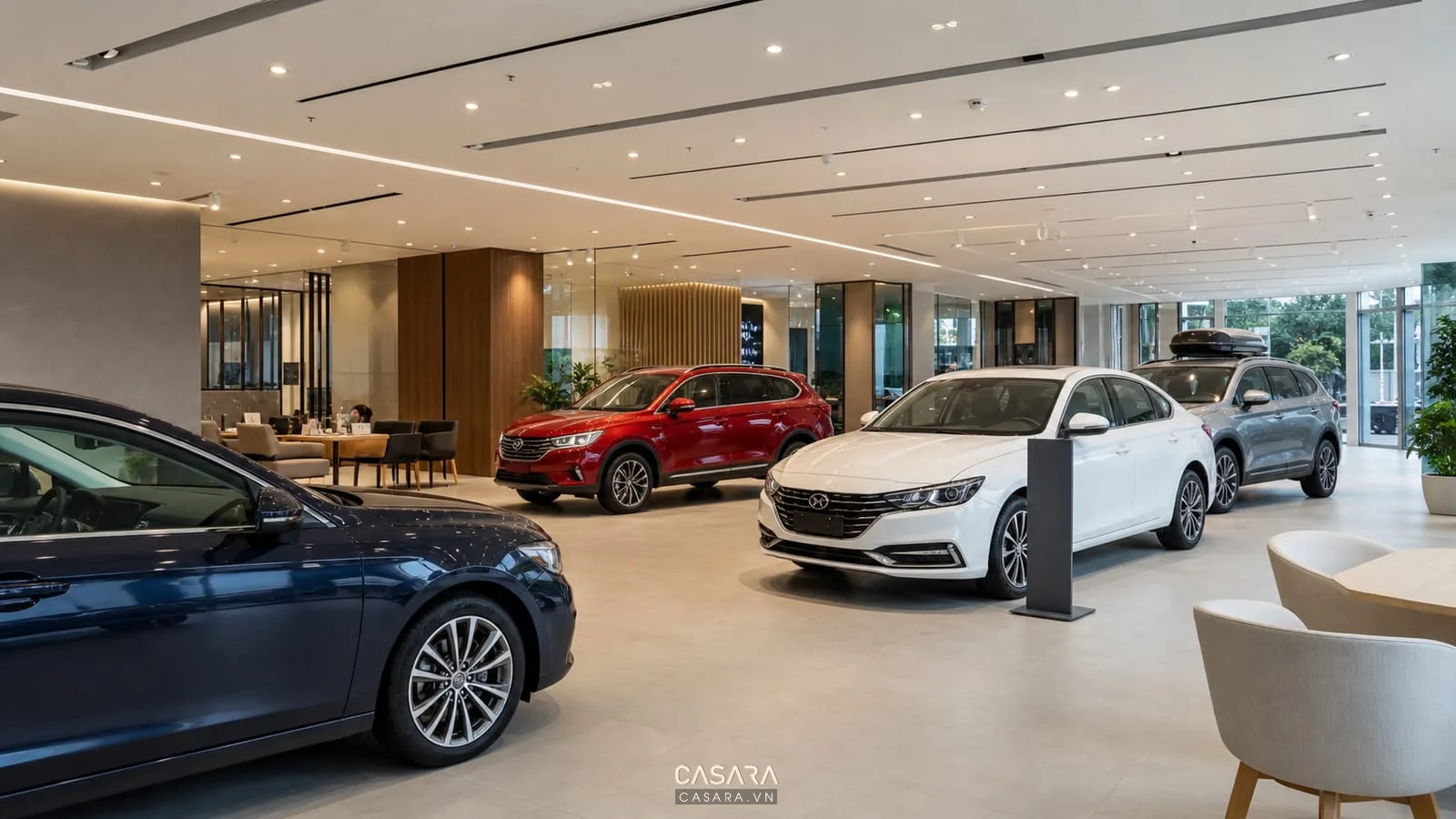 Khu trưng bày xe ô tô trong showroom có lối đi rộng và ánh sáng đều