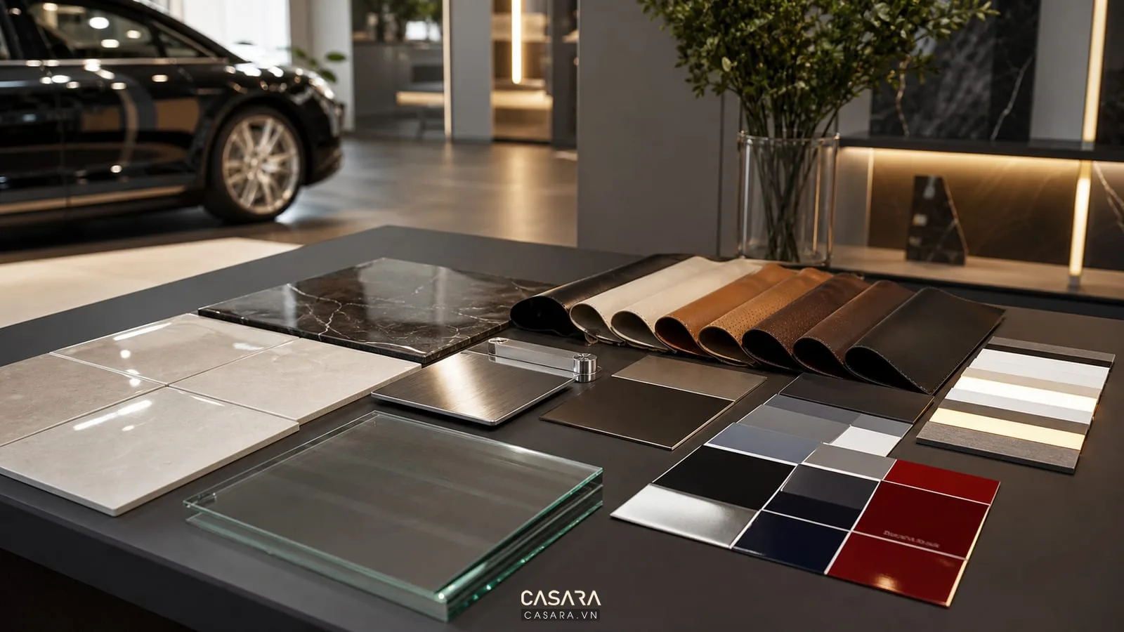 Bảng vật liệu thiết kế showroom ô tô gồm gạch kính kim loại da và mẫu sơn xe