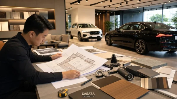 Kiến trúc sư kiểm tra bản vẽ thiết kế showroom ô tô với xe trưng bày phía xa
