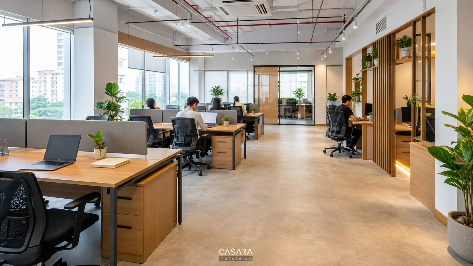 Tiêu chuẩn thiết kế văn phòng làm việc với cụm bàn và lối đi rõ ràng