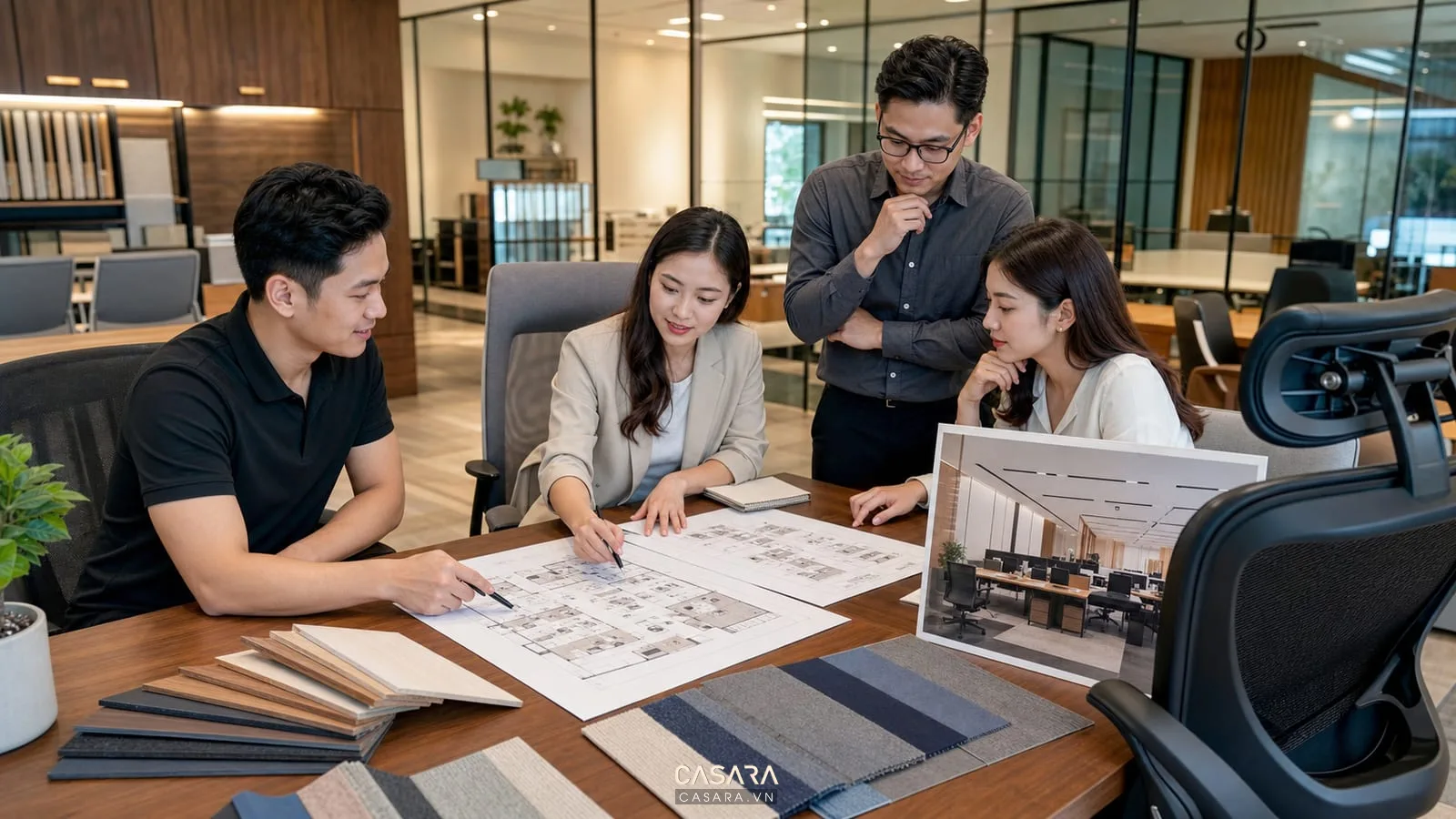 Thiết kế nội thất văn phòng uy tín với bản vẽ layout và mẫu vật liệu