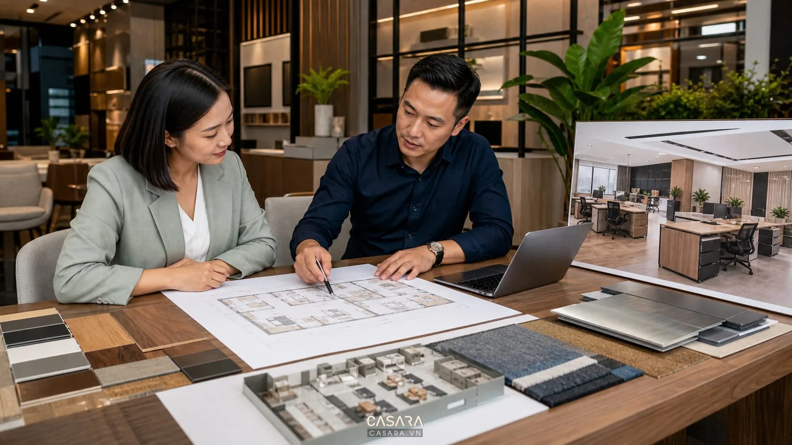 tư vấn tiêu chuẩn thiết kế văn phòng m2 người với bản vẽ và mẫu vật liệu