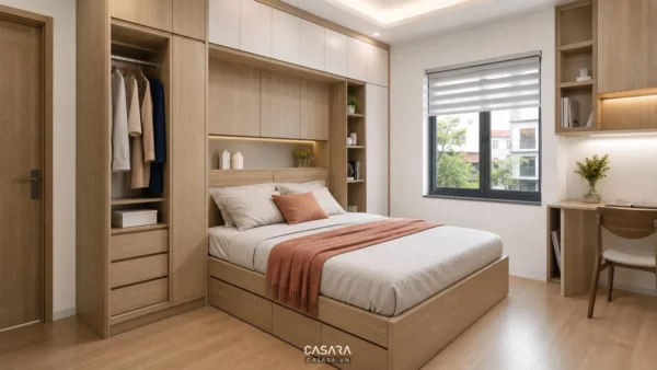tủ liền giường thông minh trong phòng ngủ hiện đại gọn gàng