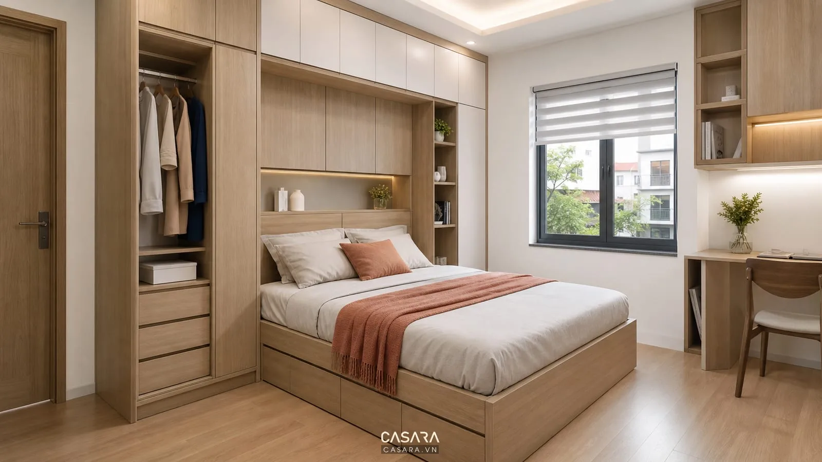 tủ liền giường thông minh trong phòng ngủ hiện đại gọn gàng
