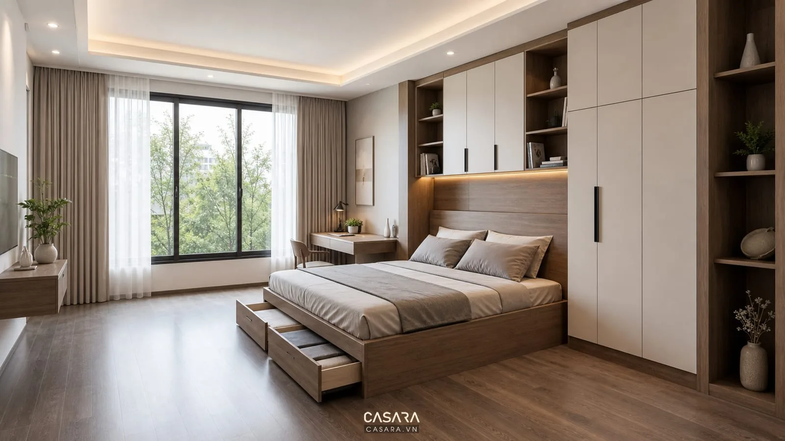 giường thông minh kết hợp tủ quần áo bố trí cạnh cửa sổ phòng ngủ